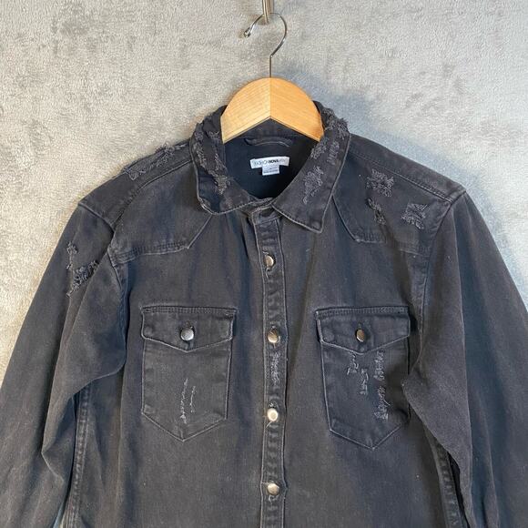 Distressed Denim Shirt Jacket Mens Small Button Up Grunge Streetwear Indie - Picture 3 of 13